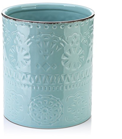 DOWAN Support Ustensiles, 15,8 x 18,0 cm Grand Ustensiles de Cuisine en Céramique, Pot Ustensiles de Cuisine en Relief Romantique, Seau à Glace, Vase, Rangement, Décoration de la Maison | Bleu