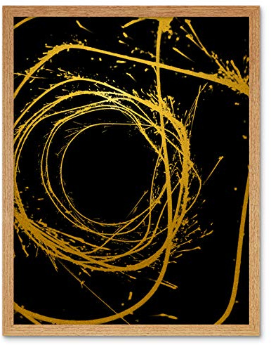Artery8 Gold Effect Yellow Black Paint Splat Wire Abstract Art Print Framed Poster Wall Decor 12x16 inch