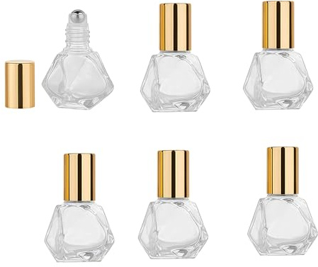 6Pcs 8ml/0.27oz Shaped Glass Clear Roller Bottles DIY Empty Essential Oil Roll-On Bottle With Steel Roller Ball Polygonal Cosmetic Containers Vials for Essential Oils Perfumes Aromatherapy (Gold Cap)