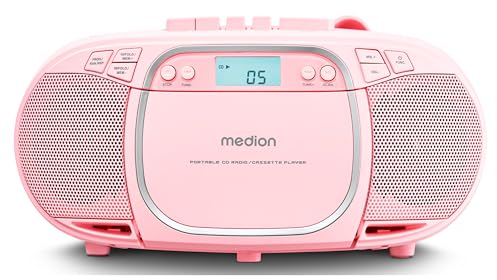 MEDION E66476 Sistema de Sonido estéreo (Boombox, Reproductor de CD, MP3, Casete, Reproductor de Casete portátil para niños, Radio FM, AUX, Auriculares, Toma de Corriente y batería) Rosa
