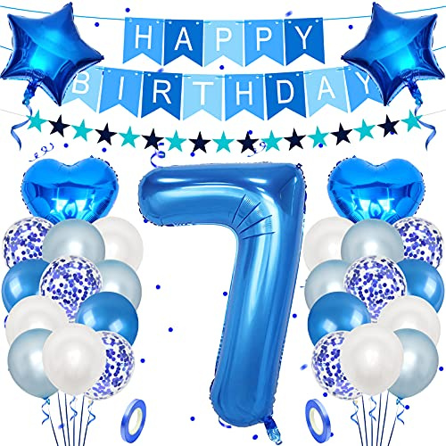 Unisun 7th Birthday Decorations for boy, 40 inch Helium Foil Balloon Number 7 Light Blue White Confetti Latex Balloons, Happy Birthday Banner with Ribbon for 7 Year Kid Birthday Party Supplies