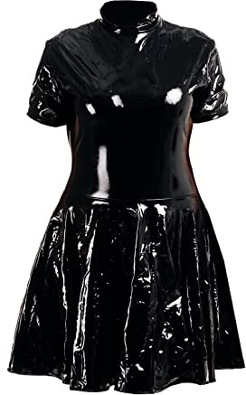 Rubberfashion Robe Sexy en Cuir pour Femmes - Tenue de Patineur - Robe Courte à Manches Courtes pour Femmes - Slip avec Fermeture éclair - Robe de Bonne Femme Laque Noire XL