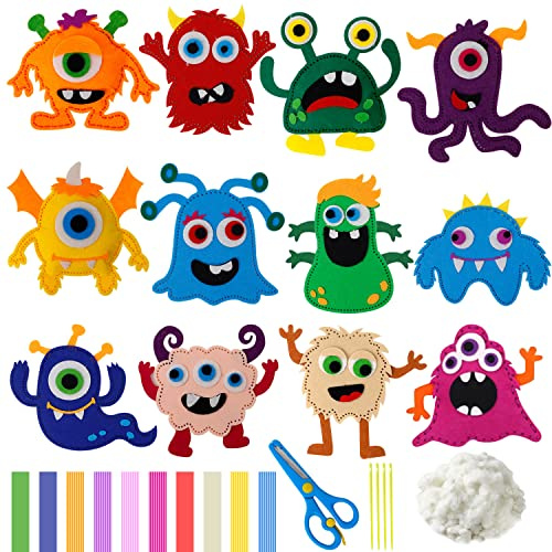 CHSEROK 12 Stück Nähset Kinder, Bastelset Filz Kinder, Nähset Monster, Diy Art Craft Kits, Weich und Süß, für Kinder ab 4 Jahren, Anfänger