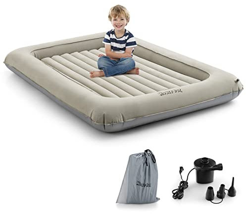 COSTWAY Colchón Inflable de Viaje para Niños, Colchón Portátil con Bomba Eléctrica, Cama Hinchable con Bordes Elevados y Colchón de Doble Cara para Habitación Infantil, Dormitorio (Gris)