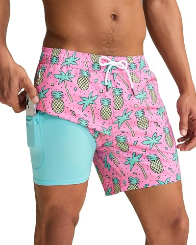 maamgic Mens Swim Trunks with Compression Liner 5 Inch, Quick Dry Bathing Suit with Zipper Pockets, Stretch No-Chafing Swim Shorts, Pink-Palm Pineapple Medium