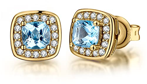 JewelryPalace Halo Kissenschliff 1ct Echt Blau Topas Ohrstecker Silber 925 Damen, Blautopas Schmuck Set, Ohrringe Silber Quadrat Edelstein Mädchen, Ohrstecker Silber klein mit Stein Frauen Vergoldet