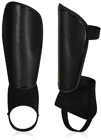 TNSLAND Espinilleras infantiles de fútbol, espinilleras de fútbol para hombre, con protección para el tobillo y correas ajustables, ligeras, duraderas, antideslizantes, para niños y niñas, color negro
