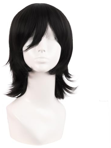 MapofBeauty 14 Pulgada/35 cm Corto de Cosplay Traje Anime Pelucas Con Flequillo Wolf Tail Sintética Side Part Cabello Para Fiesta (Negro)
