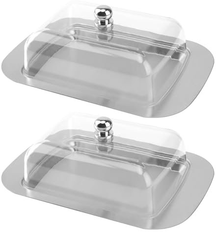 CHUENHEI 2 stycken smörburkar med lock, 18,5 x 12,2 x 6,7 cm silver rostfritt stål ostbrödlåda med transparent lock, smörklocka rostfritt stål för smör, ost, små frukter