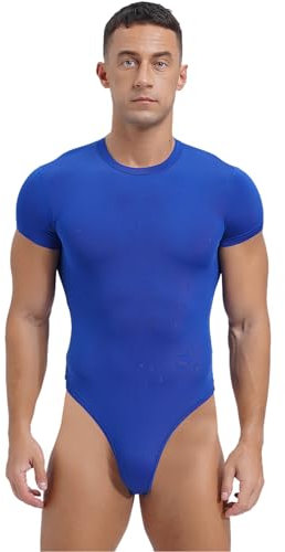 iEFiEL Herren Topbody Kurzarm Sportlich T-shirt Bodysuit Einteiler mit Druckknöpfe im Schritt Overall Kurz Atmungsaktive Unterwäsche Blau L