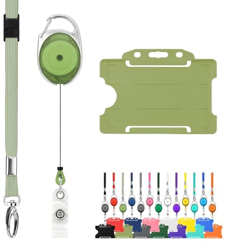 Retractable Lanyard and Badge Holder Trio Triple Pack by LanyardsTomorrow - Set Includes A Single Plain Lanyard, Extendable Carabiner Yoyo Reel Clip and Rigid ID Card Holder (Sage Green)