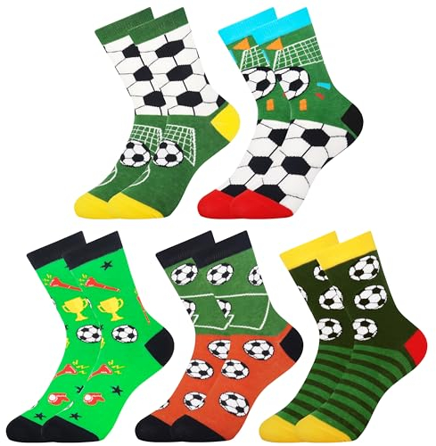 Jeasona Fußball Socken Kinder - 5 Paare, Fussball Motiv, Größe 35-38, Jungen & Mädchen, 8-12 Jahre