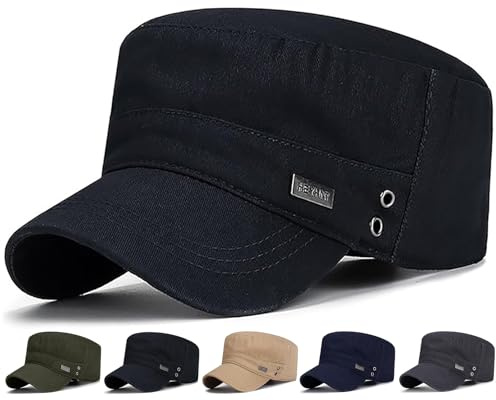 Initlove Cadet Army Cap Military Unisex Flat Top Hat for Men Women Black