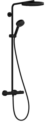 hansgrohe Pulsify S Puro - vattenbesparande Duschsystem (EcoSmart) med termostat, Regndusch (⌀ 260 mm), Duschset med handdusch, duschslang, duschstång och rund huvuddusch, matt svart, 24237670