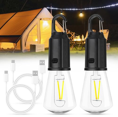Boloshine 2pcs Lampe Camping Rechargeable, Ampoule Rechargeable USB, Camping Light Portable Luminosité Réglable 3 Modes avec Crochet, Lumière d'urgence pour Aventure Randonnée Jardin