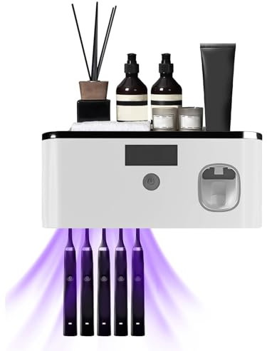Soporte Cepillo de Dientes UV para 5 Cepillos de Dientes, Esterilizador Cepillo Dientes de Pared, Carga de Energía Lumínica, Dispensador de Pasta de Dientes Eléctrico para 60 días con Una Sola (Gris)