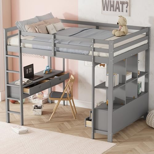 YuQozii Letto a soppalco, 140 x 200 cm, con cassetti e scrivania sotto il letto, senza materasso, grigio
