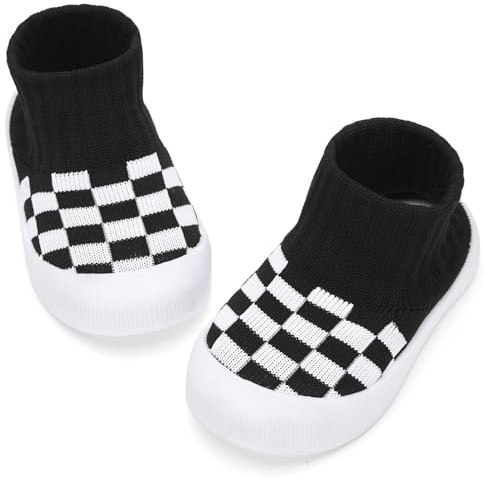 BACSAC Baby Boy Girl Sock Shoes Infant & Toddler Walking Shoes High Top with Knitted Checkered Upper Anti Collision Non-Slip Design Elastic Breathable for Indoor Outdoor 18-24 Months Black