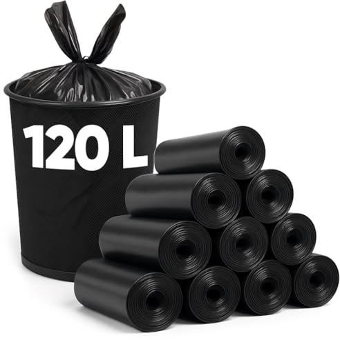 Lot de 10 rouleaux de 7 sacs poubelle en polyéthylène basse densité 120 l - Résistants à la déchirure - Pour déchets mixtes - Épais - 20 microns - Stable et résistant - Pour la maison, le bureau, la