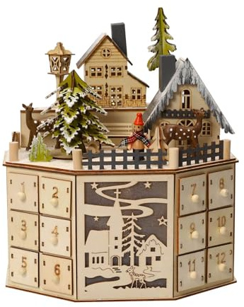 Calendrier de l'avent bois avec lumières LED et musique, calendrier avent bois avec 24 tiroirs de rangement, Calendrier de l'avent à Remplir pour enfants, décoration de Noël (A)