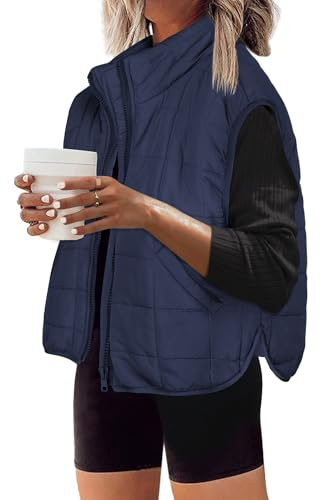 Zeagoo Women's Short Quilted Vest Sleeveless Transition Jacket Autumn Lightweight Gilet Vests Warm Winter Jacket with Pockets, navy, L