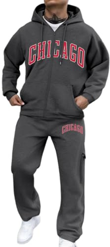 Conjunto con Sudadera con Capucha Chándal Deportivo para Hombre de Invierno Cremallera Completa y Estampado de Letras Pantalones Deportivos Holgados Cordón Ajustable y Bolsillos Color Sólido