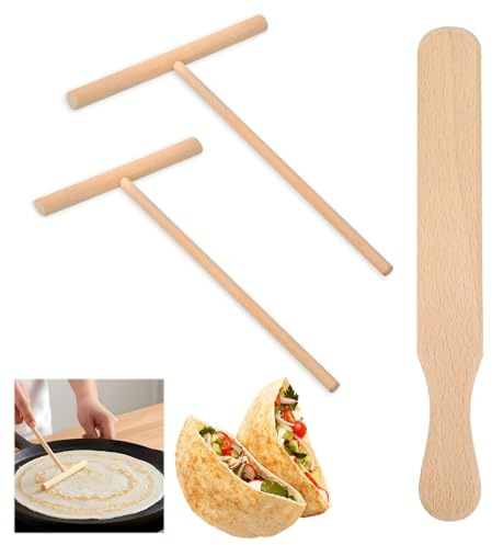 3 Piezas Espátulas de Madera de Haya para Crepes, Crepes con Espátula de Madera, Esparcidor de Panqueques de Maderas para Crepe, Tortitas, Tortillas, Pizza, Pasteles, Queso, Tartaletas de Huevo