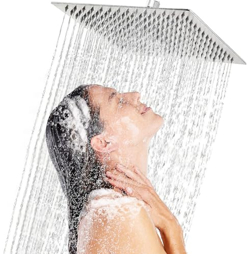 Soffione Doccia a Pioggia,Quadrata Soffione Doccia a Pioggia in Acciaio Inox 304 Alta Pressione,12 Pollici Soffione Per Doccia,Cromo, Ugello Anti-Otturazione,Facile da Pulire e Installare