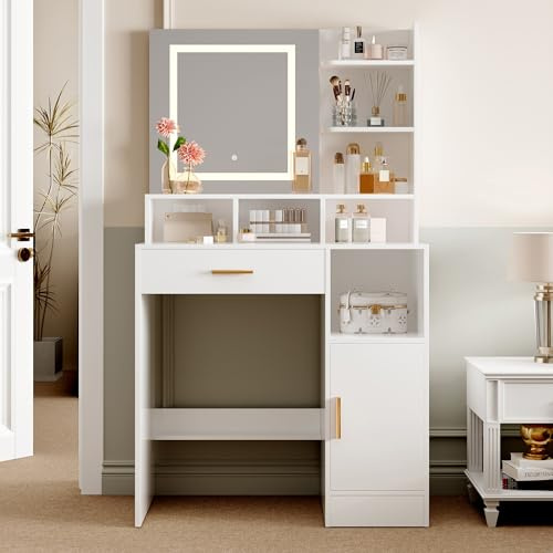 mcc direct Dressing Table, Vanity Desk with Mirror, LED Lights and Drawers, Makeup Desk with Brightness Adjustable, Large Open Storage Areas for Bedroom (White) - TRURO