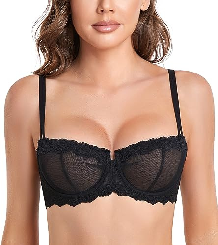 DotVol Women's Unlined Sheer Underwire Multiway Everyday Bra(Black,36C)