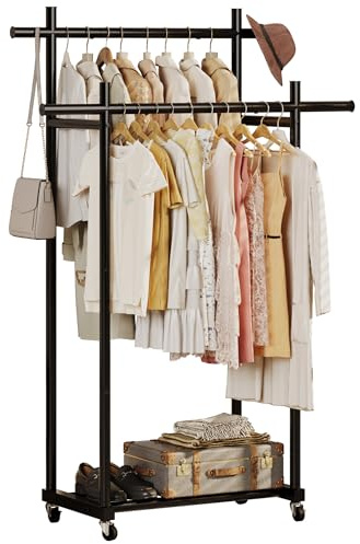 Lutown-Teen Burro Ropa de Gran Resistencia con Ruedas Bloqueables, Perchero Burro Ropa Metálico con Estante de Almacenamiento, Capacidad de 60 kg, Fácil Montaje, Doble Barra, Negro