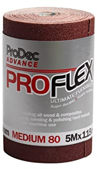 ProDec Advance Rollo de 5 m 80 grano medio ProFlex Papel de lija de óxido de aluminio ultra flexible y resistente a las grietas para lijar madera, pintura, yeso, masilla, metal y más, 115 mm de ancho