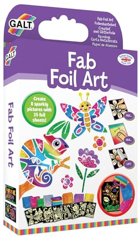 Galt Fab Foil Art Kids Craft Set – Peel and Press Foil Art with 8 Cute Animal Pictures, 25 Colourful Sparkly Sheets & Guidebook – No Mess Creative Craft Kits for Kids Age 6+