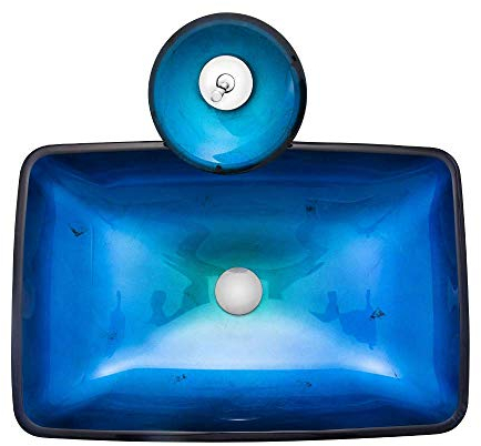 HomeLava Lavabo Vasque en Verre Trempé Bleu, avec Robinet Cascade à poser la salle de bain