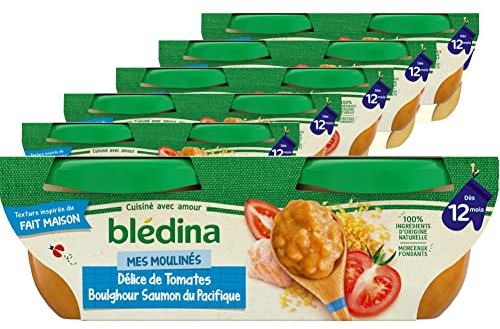 Blédina - Bols - Repas midi bébé - Tomates, Boulghour & Saumon à la crème - Dès 12 mois - Sans sel ajouté - 12x200g