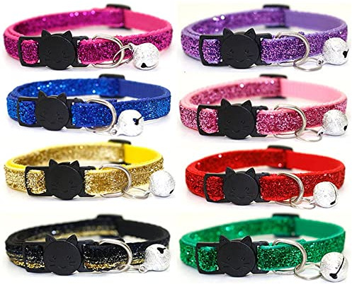 SOYAO NA Lot de 8 Colliers pour Chat à libération Rapide Extra Doux avec Cloche pailletée réglable 19 à 32 cm, Multicolores