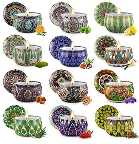 Regalo per Donne 12 Pezzi Set di Candele Profumate di Metallo per Moglie,Fidanzata,Candele in Cera di Soya Naturale Confezione da Regalo per Casa,Natale,San Valentino,Compleanno,Festa della Mamma