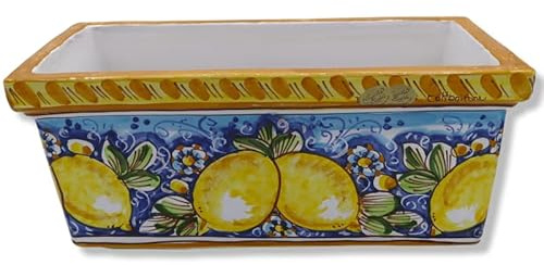 Caja jarrón Rectangular en cerámica de Caltagirone, decoración de limón sobre Fondo Azul, en Cinco Opciones de tamaño - (1ud) - 22cm x 15cm