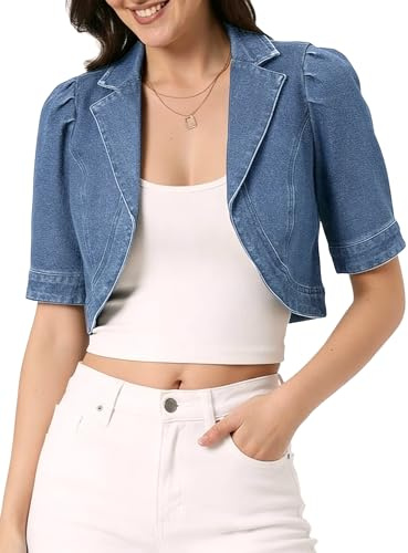 Allegra K Veste en Jean Femme à Manches Courtes et Col à Revers Boléro en Denim Blouson Jean Court Bleu S