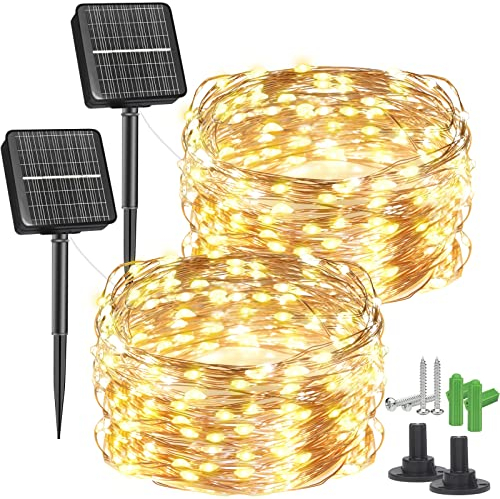 FLSEPAMB Luci Solari Esterno,12 m 8 Modes di Lucine Esterno Energia Solare,Luci Solari Impermeabile Ip65，Per Decorazione Di Giardini, Balconi E Terrazze, Confezione da 2 Pezzi, Bianco Caldo