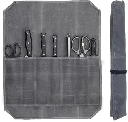 Rolltasche für Köche mit 7 Fächern,Tragbare Koch Messer Tasche,Messer Case Lagerung,Messertasche Kochmesser Rolltasche,Gewachstes Canvas Messer-Rolltasche,Multifunktionale Werkzeugrolltasche (grau)