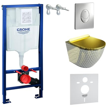 LAVITA Elemento da parete Solido Start + parete sospesa WC Sofi Slim Golden Never, senza bordi e sedile WC SoftClose, pulsante cromato, set completo, cassetta di risciacquo da incasso, set completo