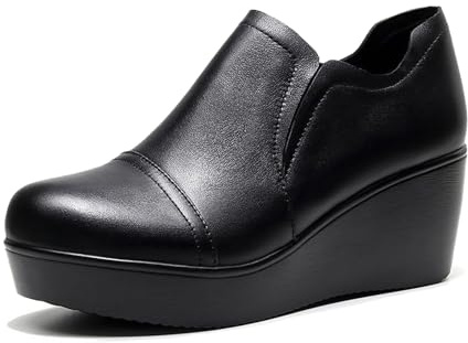 NEJKG Women's Leather Wedge Heel Slip On Booties Comfort Round Toe Non Slip Platform Ankle Boots Casual Shopping Walking Loafers (Black,11)