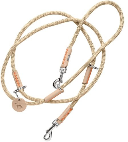 HUNTER Verstellbare Hundeführleine Malia, Farbe: beige/Natur, geschmeidiges Tau & Robustes Leder, 3-Fach verstellbar, leicht, strapazierfähig, moderner Look, Made in Germany, Größe: 8/200