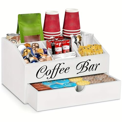 Guolich Organisateur de thé - Boîte de rangement pour accessoires de café - Boîte de rangement pour dosettes de café - Bar à café pour lait, serviettes, capsules de café, sucres (blanc)
