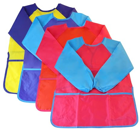 EASYKEENECOM Pack De 4 Tabliers De Peinture Pour Enfants, Blouse De Peinture, Tablier Artisanal à Manches Longues Et Poches, Tablier Pour Enfants, Tablier De Blouse ImperméAble(64 * 40 cm)