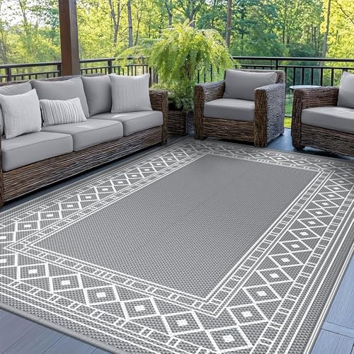 GENIMO Outdoor Rug, 150 x 240 cm Garden Rugs Outdoor Waterproof Reversible Washable UV Resistant Carpet Modern Large Area Rugs for Patios, Garden, RV, Picnic, Backyard, Balcony, White Grey