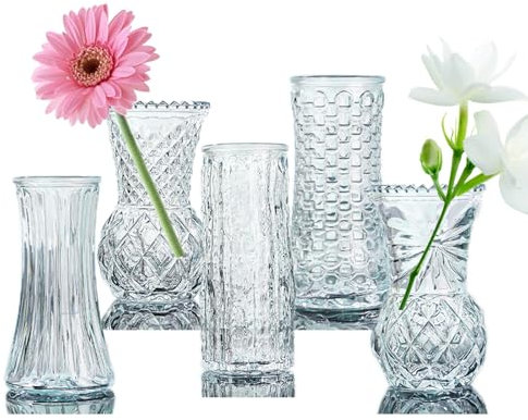 Clear Vases for Centerpieces Eylkoi: Glass Bud Vase Set of 5 Decorative, Vintage Embossed in Bulk Crystal Textured Cute, Wedding Decor Mini Flower Floral Vase for Rustic Wedding, Home Table, Party