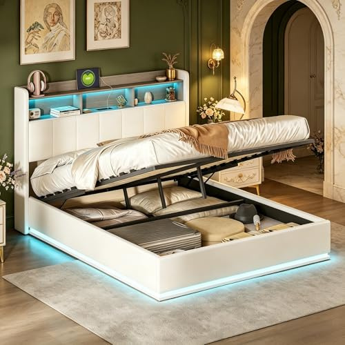 JiaOyu Letto imbottito 140 x 200 cm, con LED, funzione USB e rete a doghe, moderno letto matrimoniale in legno e flanella con schienale, comodo letto per ragazzi, senza materasso