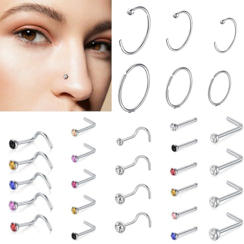FENQURO 30 piercings para nariz, 20 g, acero quirúrgico, piercing para nariz con purpurina, aro de mariposa con forma de serpiente, circonita plateada, joyas para mujer y hombre